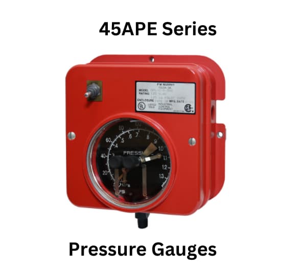 . Red pressure gauge labeled '45 - APE Series Pressure Gauges' from FW Murphy, showcasing precise pressure measurement